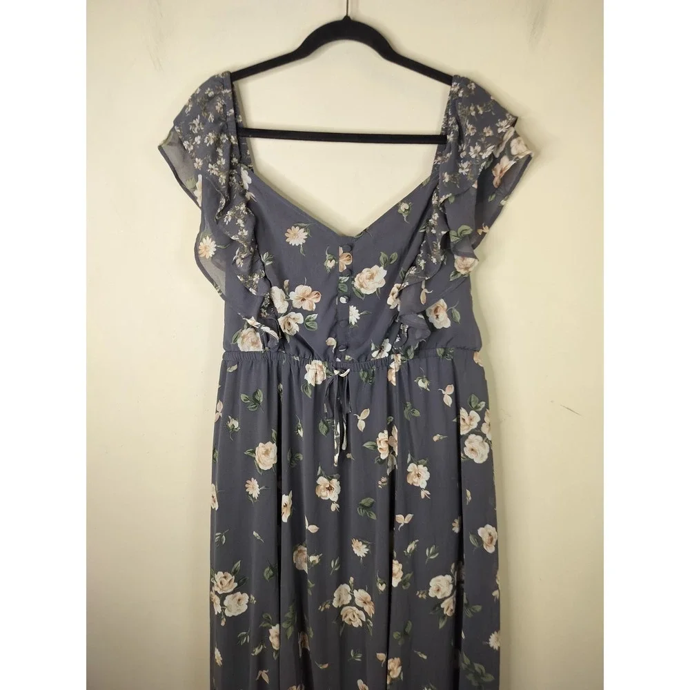 Torrid Gray Floral Chiffon Maxi Dress Ruffled Flutter Sleeve - Picture 3 of 12
